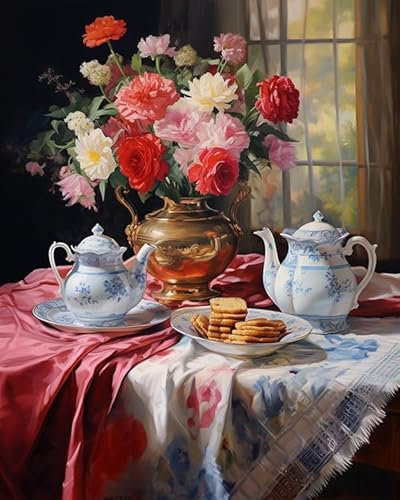DIY Oil Painting Paint by Number Kit Tea Set and Bouquet Modern Wall Art Oil Painting Home Decor Accessories 40x50cm Frameless