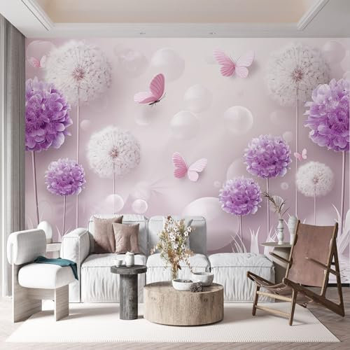 3D Tapete Pflanze Löwenzahn Schmetterling Fototapete, Lila Wandbild Wandtapete Dekorationen für Wohnzimmer Schlafzimmer Büro, Flur, 400x280 cm (B x H) Vlies Tapete Wanddeko