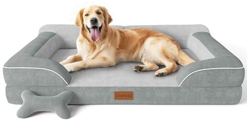 CWAWZ Extra Large Dog Bed, Orthopedic Dog Bed with Cooling Gel Memory Foam, Waterproof XL Pet Bed with Removable Washable Cover, 42 Pet Sofa Couch Dutch Velvet with Bone Toy, Light Gray