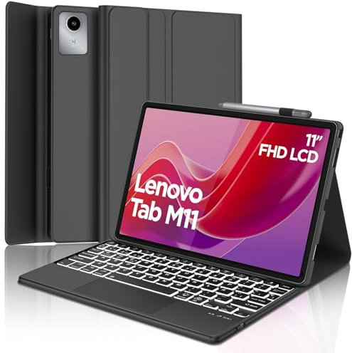 Funda con Teclado para Lenovo Tab M11 , Lenovo Tab M11 Funda Teclado con Touchpad, Teclado Español Ñ Bluetooth Inalámbrico Retroiluminación para Lenovo M11 Tablet (TB330FU/ TB330XU) 2024 11, Negro