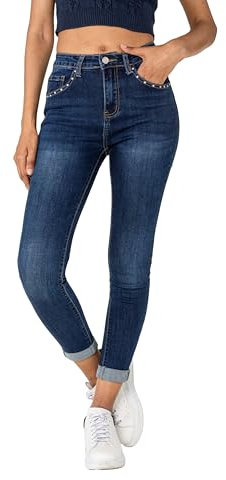 Nina Carter P605 Damen High-Waist Jeans mit Nieten-Details Slim Fit Stretch Jeanshose Used-Look (Rohblau (P605-9), M)