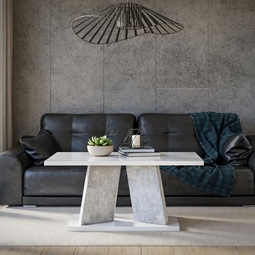 MURO MINI Couchtisch 110x70 cm Weiß Hochglanz Betonoptik, mit Ablage | Rechteckiger Wohnzimmertisch 110 x 70 x 60 cm, Ablage, moderner Sofatisch