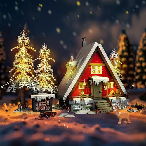 skicare Weihnachts Haus Bausatz 2,355 Teile mit LED-Weihnachtsbaum, Rentier, Schlitten, Mini-Zubehör, für Erwachsene und Kinder, Ideal für Weihnachtsdeko und als Geschenk