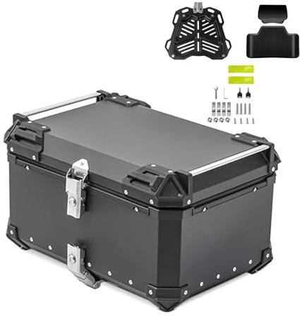 DMMFTERL Coffre de Moto Universel en Alliage d'aluminium avec Plaque de Base de Support, boîte de Rangement étanche avec Dossier 28/36/45/55/65/80/100L (Couleur : Noir, Taille : 45L)