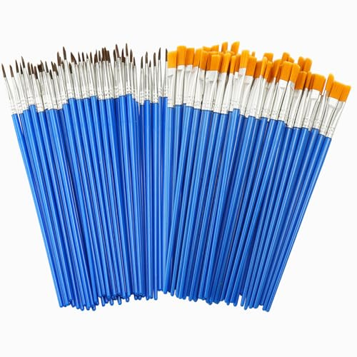 100 Stück Pinsel Set, 50 Stück Runde Pinsel und 50 Stück Flache Pinsel Kleine Flache Nylon Acrylfarben Pinsel Künstlerpinsel Pinsel Kinder und Erwachsene zum Zeichnen Basteln Künstlerbedarf