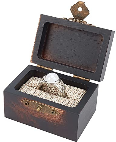DELORIGIN Vintage Wood Ring Storage Boxes, Rectangle Ring Case Box with Jute Inside and Iron Clasps, Ring Box for Wedding, Proposal, Valentine's Day, Coconut Brown, Inner Size: 1.94 x 1.16 x 0.70 Inch