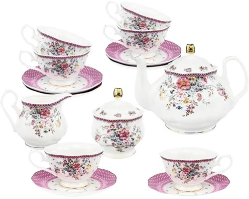 HFLdma Tea Sets Tea Set-21 Piece Floral Porcelain, Tea Cup And Saucer Set For 6, Tea Party Set For Women, Blue Roses Porcelain Tea Set Porcelain Coffee Cup Set(Pink)