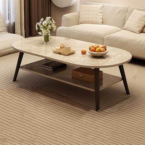 Moderner Couchtisch aus Holz mit 2 Etagen, Ablage und Massivholzbeinen, ovaler Akzent-Cocktailtisch für kleine Wohnräume, einfache Montage