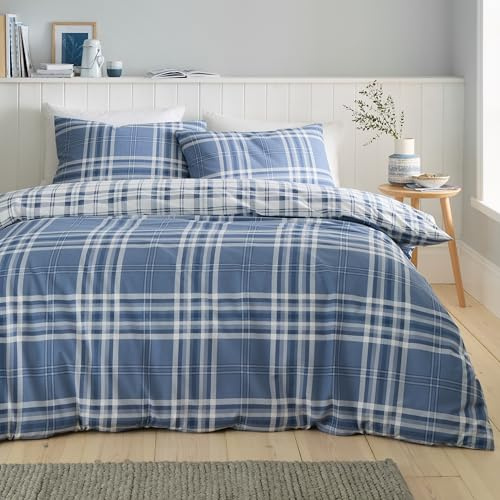 Catherine Lansfield Kelso Kariertes Wende-Bettwäsche-Set mit Kissenbezug, für Einzelbett, Blau