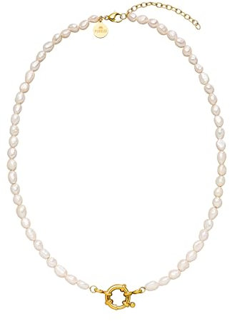 Purelei® Pearl Charm - Elegante collana con perle d'acqua dolce e occhiello per charm, in acciaio inox placcato oro 18 carati, argento, oro rosa, Länge: 40-45 cm, Acciaio inossidabile, Abalone