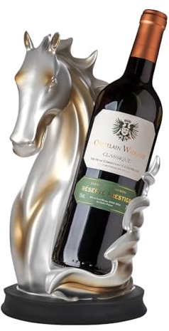 TkkMivcOC Horse Wine Bottle Holder, Animal Statue Tabletop Wine Bottles Storage Racks, Stable Base 16.99cm, Wine Bottle Holder for Bar Wedding Party, for Bottles Diameter 7.2cm (Silver+Gold)