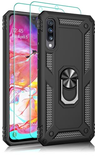 Pilaru Hülle für Samsung Galaxy A70/A70S Handyhülle, mit 2 Stück Schutzfolie, 360° Drehhalter Ring Kratzfest Outdoor Militär Stoßfest Schutzhülle für Samsung A70/A70S,Schwarz