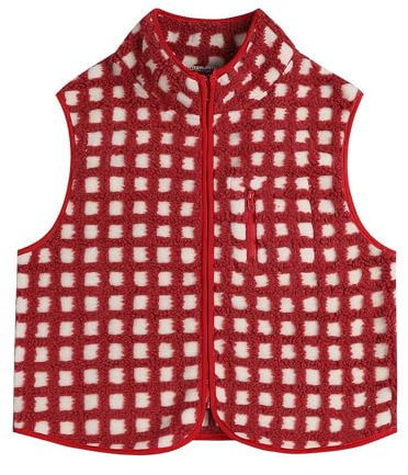ZOUBAOQ Damen Karierte Polar Fleece Weste Ärmellos Cardigan Reißverschluss Plaid Gilet Winter Cardigan Rot Sherpa Warme Outfits, rot, 36