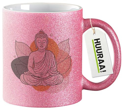 Huuraa Glitzertasse Buddha Buddhismus Geschenk | Motivtasse 330ml Glitzer Tasse mit Spruch Pink Keramik Kaffeebecher Geschenkidee Pinker Glitter Becher mit Motiv