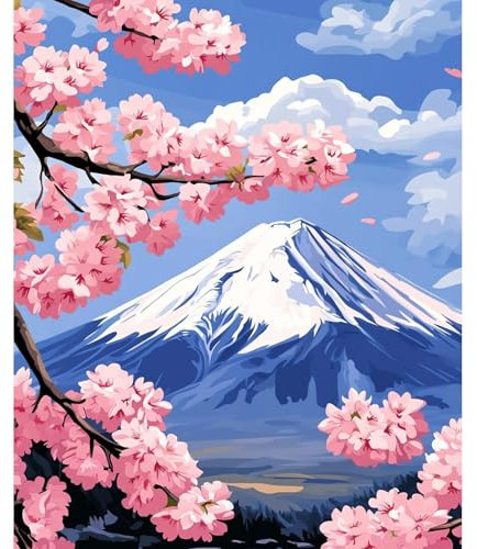 NEWENMO Monte Fuji Pintar por Numeros Adultos,Flores de Cerezo Pintura por Numeros Kit,DIY Paisaje Paint by Numbers Adult,con Pinceles y Pigmento Acrílico,Decoracion para Hogar,Sin Marco 40x50cm