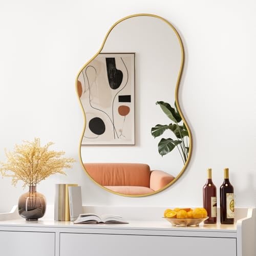 Hasipu Unregelmäßiger Wandspiegel Asymmetrischer Spiegel, 60 x 90 cm Dekorativer Spiegel für Schlafzimmer Badezimmer Wohnzimmer Eingangsbereich, Moderne Wanddekoration, Gold Rahmen