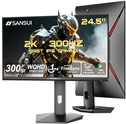 SANSUI Monitor da gaming QHD da 24,5 pollici 300 Hz, monitor per computer IPS rapido da 1 ms, 2 porte HDMI 2.1 + 2 porte DP 1.4, 130% sRGB Assistenza visiva Supporto VESA (cavo DP incluso
