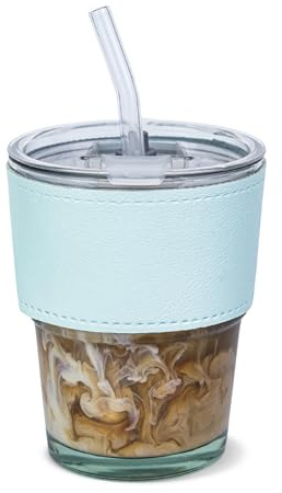 Glass Coffee Cup with Lid, Straw and Protective Sleeve, Clear Borosilicate Travel Mug for Hot and Cold Drinks, Iced Coffee Cup for Espresso, Latte, Cappuccino, Tea 350ml (Transparent Cup, Blue Sleeve)