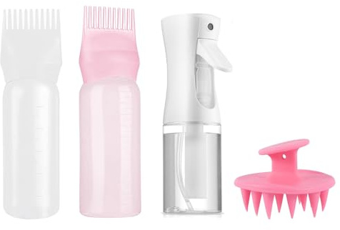 JINJUMEI Lot de 4 Applicateur Huile Cheveux, Hair Oil Applicator avec Peigne Brosse Massage, Hair Dye Brush Bottle, Brumisateur, Outil de Coiffure Fiable pour Coloration des Cheveux