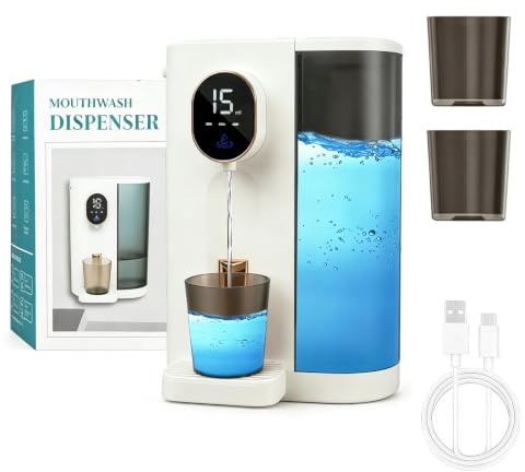 Automatic Mouthwash Dispenser, 600ml with Magnetic Cups | Wall Mounted or Countertop for Bathroom | 4 Dispensing Levels | Rechargeable Battery | Easy Refill for Kids & Adults
