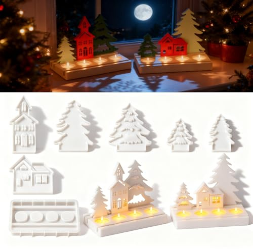 OTTOOPPXIN Moules en Silicone Décoratifs 7 Pièces – Sapins & Maisons – Pour Résine Époxy, Bougies, Plâtre – Moules Réutilisables DIY pour Décoration Maison