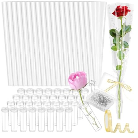 Osmond 50 Pcs Single Rose Sleeve with Single Flower Sleeve, Pins and Ribbon for Bouquets Valentine'S Day Mother'S Day for Valentine'S Day Mother'S Day