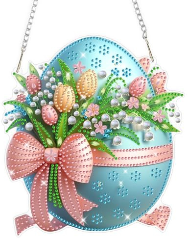 GHHKUD Ostern Diamond Painting Fensterbilder Beidseitige, Osterei Diamond Painting Anhänger mit Kette, Diamant Malerei Bilder Kristall Fensterbilder Kits für Eingang und Fenster Ostern Deko
