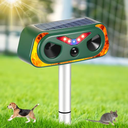 Cat Deterrent, Fox Deterrents for Gardens UK, Solar Powered Ultrasonic Cat Repellent with Pir Motion Sensor & LED Flame Lights, Ip66 Waterproof, Effective for Squirrels, Dogs Foxes Birds