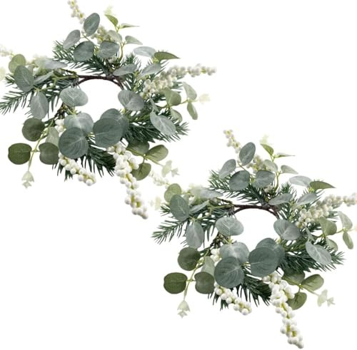2 Pcs Artificial Flowers Candle Rings Fake Roses Floral Wreaths Wedding Centerpieces for Tables Spring Summer Farmhouse Weddings Party Ceremony Decor (Green)