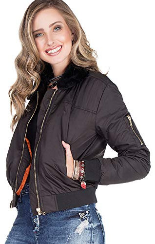 Cipo & Baxx Damen Jacke WJ141 Schwarz – Klassische Bomberjacke im Casual Streetwear Look mit Reißverschluss & Fellkragen – Stylische Übergangsjacke für Alltag & Freizeit – WJ141 Schwarz L