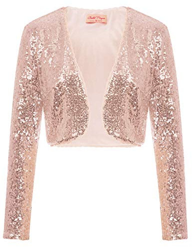 Belle Poque Women Evening Party Top Sequins Cropped Shrug Jacket for Prom Rose Gold(570-4) M