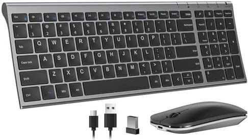 Wireless Keyboard and Mouse Combo, Ultra Slim Thin Rechargeable Wireless Keyboard Mouse with Long Battery Life, Quiet Click, Easy Set-Up, Compatible for Windows-Space Gray