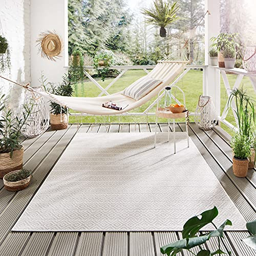 Steffensmeier Indoor Outdoor Teppich Öland Balkon Terrasse Küche Garten wasserfest Kunststoff, strapazierfähig, Streifen Beige Silber, 160x230 cm