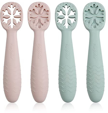 PandaEar Ensemble de cuillères pour bébé en forme de flocon de neige (paquet de 4) | Ustensile auto-alimenté en silicone Stage One sans BPA
