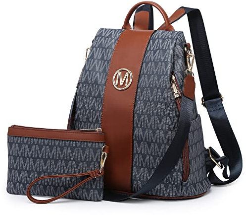 MKP COLLECTION Modischer Rucksack für Damen, Geldbörse, mehrere Taschen, diebstahlsicher Rucksack, Umhängetasche für Reisen, Handtaschen-Set, 2-teilig, Dunkelblau, 11.8 L x 5.5 W x 14 H