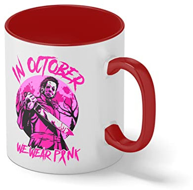 Michael Myers In October We Wear Pink Weiße Kaffeetasse Mug mit roten Felgen und Griff