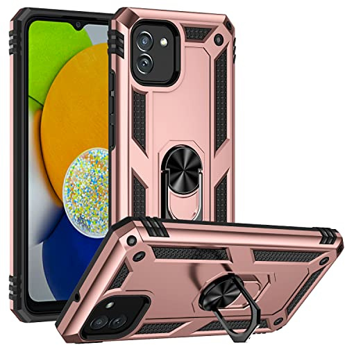 BestST Handyhülle für Samsung Galaxy A03(166) + Displayschutz,Hybrid Schutzhülle Militär Standard Stoßfest Hülle 360 Grad Drehbar Ringhalter Handytasche Cover Case,Rosegold
