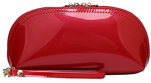 Portefeuille en cuir synthétique verni avec fermeture éclair autour du poignet et porte-monnaie élégant pour femme, Rouge, Taille unique