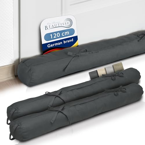 Beautissu Set di 2 Paraspifferi Imbottito per Porte e finestre con Laccio | 120x10cm Antracite con fermaporta e Pratica asola porta ingresso blocca spifferi salvacalore Viento