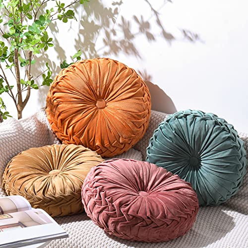 Kathfly Set of 4 Decorative Round Pleated Throw Pillows, Classy Velvet Pumpkin Round Throw Pillows, Decorative Floor Pillow for Bed Chair Home Sofa Decor, 14 Diameter(Colorful)
