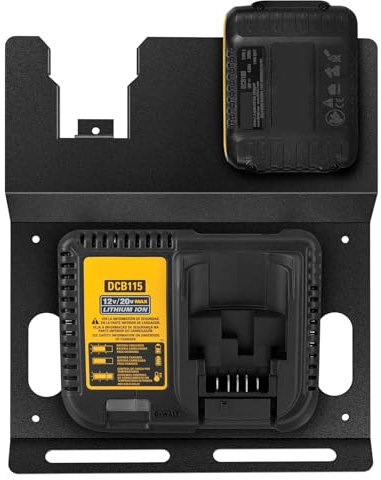 Riuog Wall Mount Bracket for DeWalt 20V Battery and DCB115 Charger, Metal Black Rugged Battery Holder and Charger Holder for Tool Room and Garage (1 Pcs DCB115)