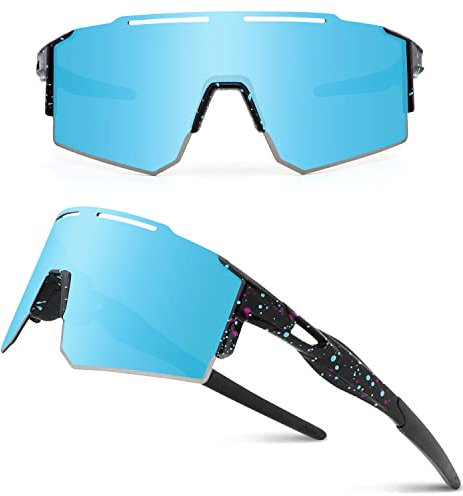 DUDUKING Sonnenbrille Fahrradbrille Herren Damen,Wassertransferdruck Sportbrillen Radsport Brillen für Outdoorsport Radfahren Laufen Golf UV 400 Schutz Baseball Brille (Weiß Blau)