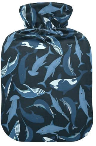 Wärmflasche mit blauen Walen und Fischen zur Schmerzlinderung, Wärmflaschen mit Bezug für Füße und Bettwärmer, warmer Wasserbeutel für Arthritis, 2 l
