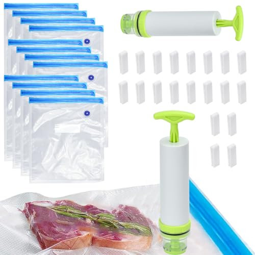 NAROSEBE 12 Stück Vakuumbeutel Lebensmittel Set Sous Vide Beutel mit Pumpe Wiederverwendbare Vacuum Bags Vakuumierbeutel Essen Zippbeutel Gefrierbeutel Vakuum Frischhaltebeutel Organizer 29.5*33.7cm
