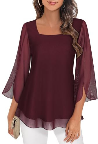 Tops for Women Work Casual, 3/4 Sleeve Tunic Tops to Wear with Leggings Square Neck Semi Formal Wedding Guest Dress Shirts Daily Casual Versatile Solid Fall Outfits Wine Red 2XL