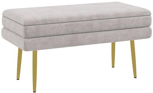 HOMCOM Banc de Rangement, Bout de lit, Coffre de Rangement avec Assise Aspect Velours et Pieds Acier, 79,5 x 37,5 x 43 cm, Beige et doré