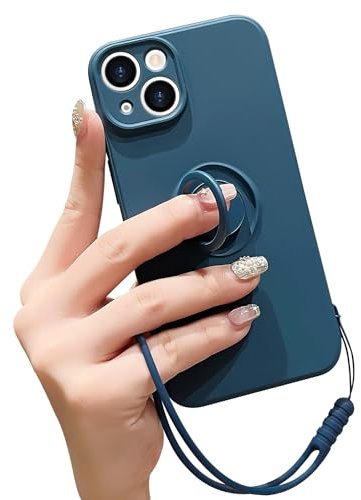 Pepmune Compatible with iPhone 15 Case Liquid Silicone with Ring Holder, Detachable Wrist Strap,Magnetic Car Mount Kickstand,Shockproof Cover Protective Phone Case-Blue