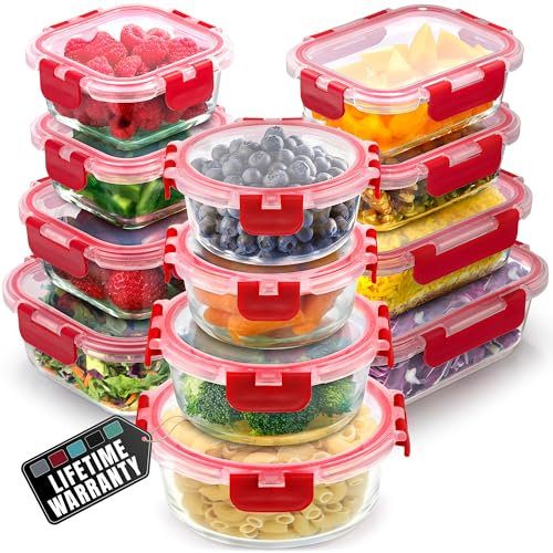 Zulay Lot de 12 boîtes de conservation alimentaire en verre avec couvercles – Verre borosilicate durable, hermétique, sans BPA, empilables, passent au micro-ondes, rouge