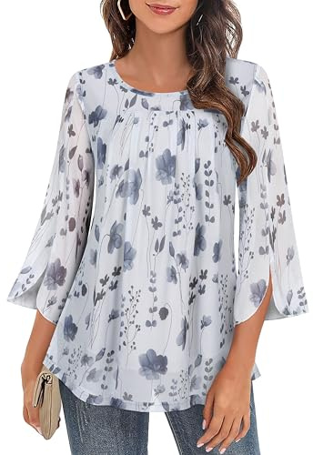 Gemulate Tops for Women UK Overlap Ruffle 3/4 Sleeve Tops for Women UK Round Neck Chiffon Overlay Elastic Mesh Blouse Loose Flowy Tunic Top - White Grey, XXL