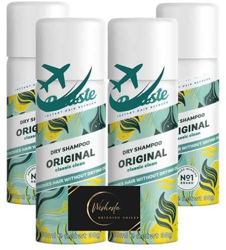 Trocken-Shampoo-Set in Reisegröße, mit Original-Shampoo, 50 ml, 4 Stück, alle Haartypen, sofortige Haarauffrischung für fettiges und fettiges Haar und Wishesla Dankeskarte